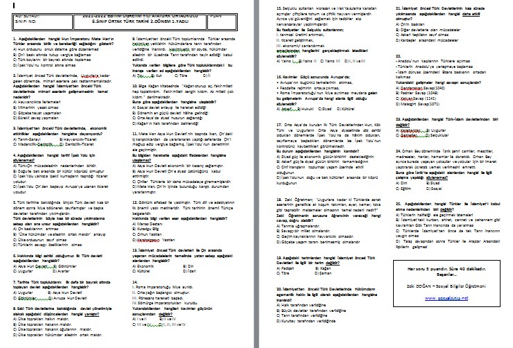 2021-2022 Ortak Türk Tarihi 2. Dönem 1. Yazılı