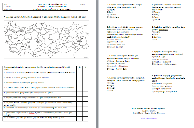 2021-2022 Şehrimiz Dersi 2. Dönem 1. Yazılı Sınavı