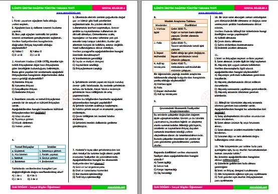 4. Sınıf Sosyal Bilgiler 5. Ünite Tarama Testi