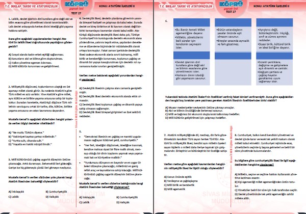 T. C. İnkılap Tarihi 4. Ünite Atatürkçülük ve Çağdaşlaşan Türkiye Testleri Sivas MEM