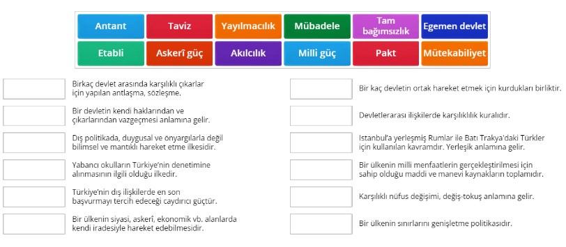 Türk Dış Politikası Kavramlar Online Eşleştirme