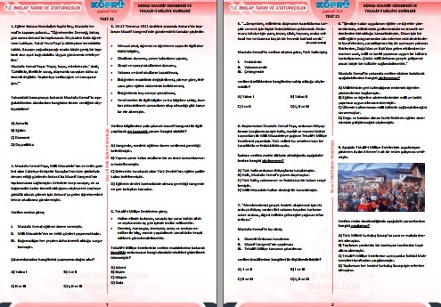 T. C. İnkılap Tarihi 3. Ünite Ya İstiklal Ya Ölüm Testleri Sivas MEM