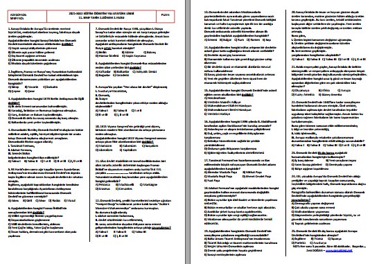 2021-2022 11. Sınıf Tarih 2. Dönem 2. Yazılı