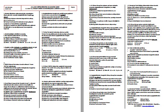 2021-2022 12. Sınıf T. C. İnkılap Tarihi 2. Dönem 2. Yazılı