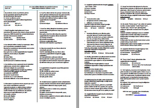 2021-2022 4. Sınıf Sosyal Bilgiler 2. Dönem 2. Yazılı Test