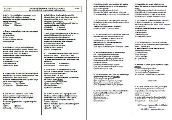 2021-2022 4. Sınıf Din Kültürü 2. Dönem 2. Yazılı