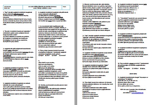 2021-2022 4. Sınıf Türkçe 2. Dönem 2. Yazılı