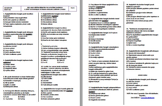 2021-2022 4. Sınıf Vatandaşlık ve İnsan Hakları 2. Dönem 2. Yazılı