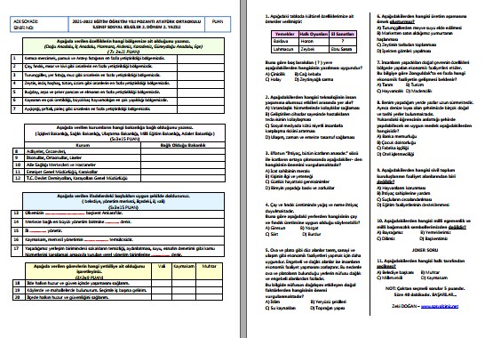 5. Sınıf Sosyal Bilgiler 2. Dönem 2. Yazılı Karma