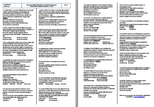 2021-2022 5. Sınıf Sosyal Bilgiler 2. Dönem 2. Yazılı Test