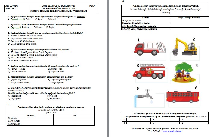 2021-2022 5. Sınıf Sosyal Bilgiler 2. Dönem 2. BEP Yazılı