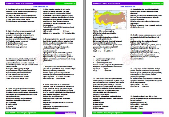 5. Sınıf Sosyal Bilgiler Deneme Sınavı Tüm Üniteler
