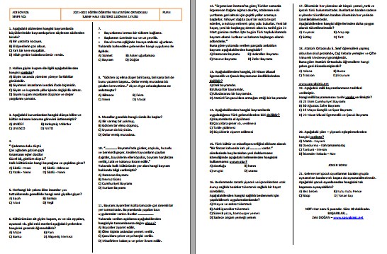2021-2022 5. Sınıf Halk Kültürü 2. Dönem 2. Yazılı