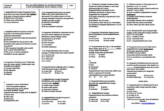 5. Sınıf Seçmeli Peygamberimizin Hayatı 2. Dönem 2. Yazılı
