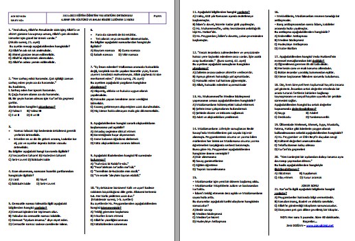 2021-2022 6. Sınıf Din Kültürü 2. Dönem 2. Yazılı