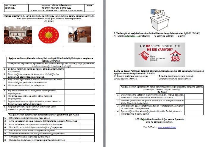 2021-2022 6. Sınıf Sosyal Bilgiler 2. Dönem 2. BEP Yazılı
