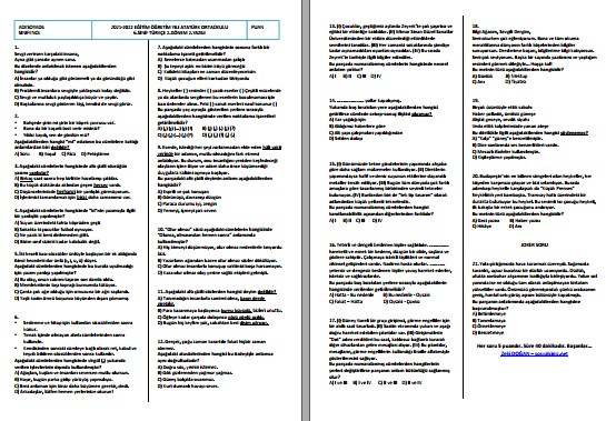 2021-2022 6. Sınıf Türkçe 2. Dönem 2. Yazılı