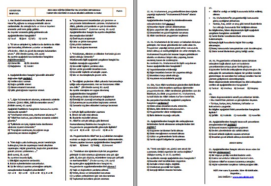2021-2022 7. Sınıf Din Kültürü 2. Dönem 2. Yazılı