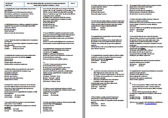 2021-2022 7. Sınıf Sosyal Bilgiler 2. Dönem 2. Yazılı