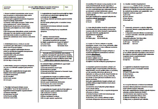 2021-2022 7. Sınıf Sosyal Bilgiler II. Dönem II. Yazılı Test