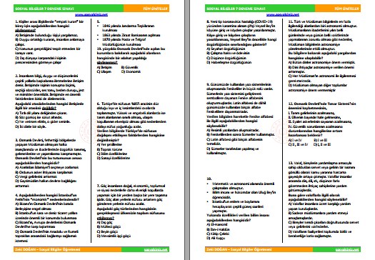 7. Sınıf Sosyal Bilgiler Deneme Sınavı Tüm Üniteler