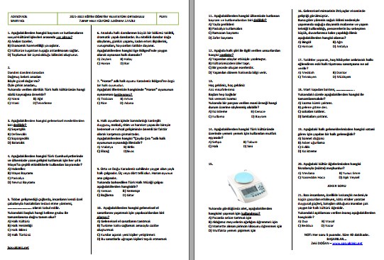 2021-2022 7. Sınıf Halk Kültürü 2. Dönem 2. Yazılı