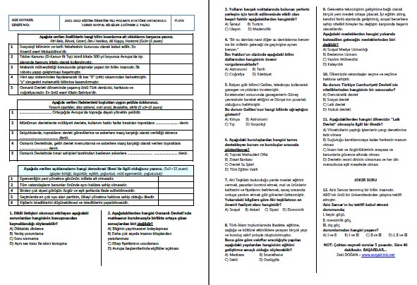 7. Sınıf Sosyal Bilgiler 2. Dönem 2. Yazılı Karma