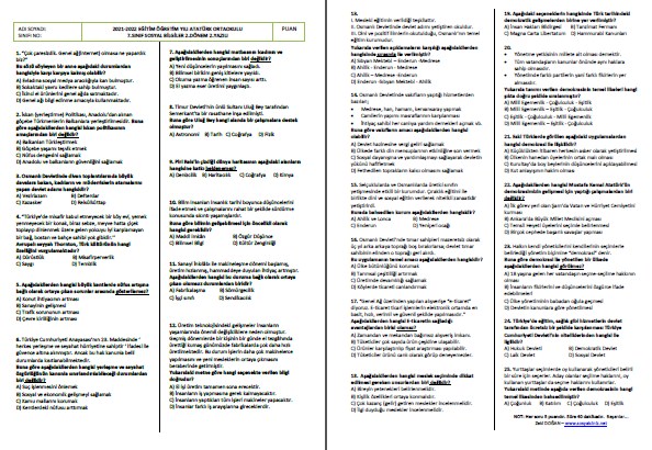 2021-2022 7. Sınıf Sosyal Bilgiler II. Dönem II. Yazılı