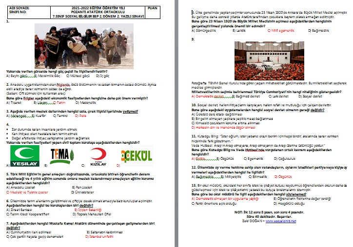 2021-2022 7. Sınıf Sosyal Bilgiler 2. Dönem 2. BEP Yazılı