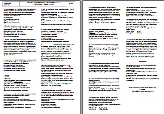 2021-2022 7. Sınıf Türkçe 2. Dönem 2. Yazılı