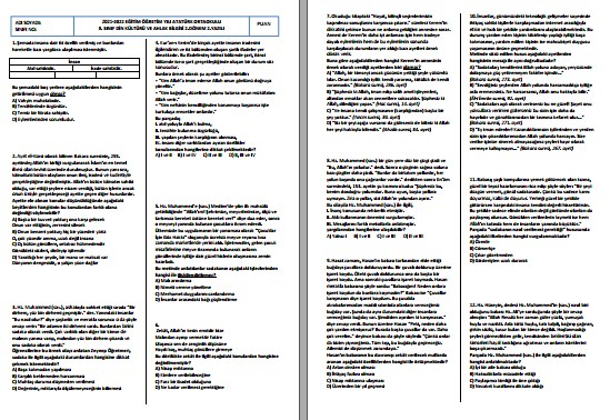 2021-2022 8. Sınıf Din Kültürü 2. Dönem 2. Yazılı MEB Örnek Sorular