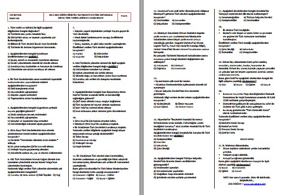 2021-2022 8. Sınıf Ortak Türk Tarihi 2. Dönem 2. Yazılı