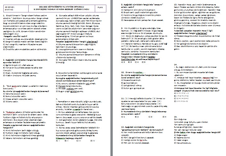8. Sınıf Seçmeli Yazarlık ve Yazma Becerileri 2. Dönem 2. Yazılı