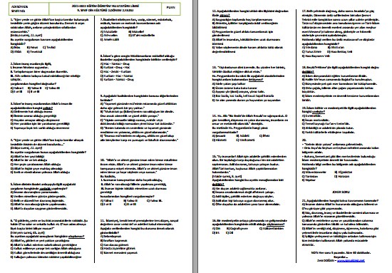 2021-2022 9. Sınıf Din Kültürü 2. Dönem 2. Yazılı