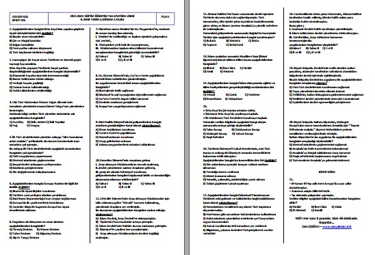 2021-2022 9. Sınıf Tarih 2. Dönem 2. Yazılı