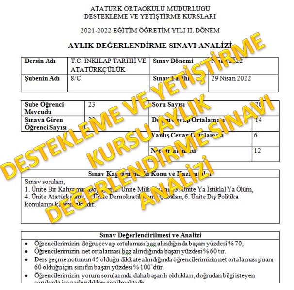 Destekleme ve Yetiştirme Kursları Aylık Değerlendirme Sınavı Analizi