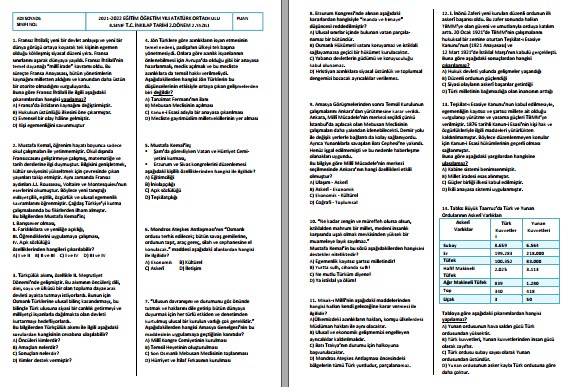 2021-2022 T. C. İnkılap Tarihi 2. Dönem 2. Sınavı (25 soru)