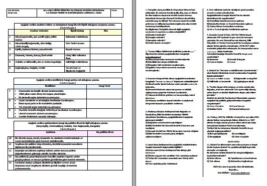 T. C. İnkılap Tarihi 2. Dönem 2. Yazılı Karma