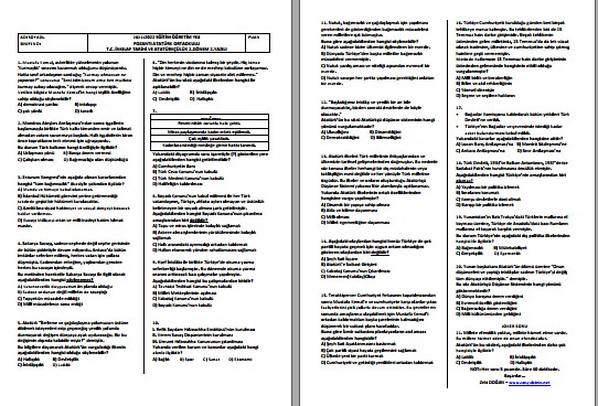 2021-2022 T. C. İnkılap Tarihi II. Dönem II. Yazılı