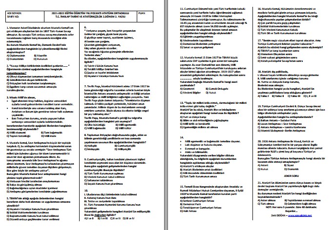 2021-2022 T. C. İnkılap Tarihi 2. Dönem 2. Yazılı Sınavı