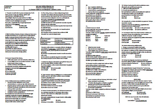 2021-2022 T. C. İnkılap Tarihi 2. Dönem 2. Yazılı Sınavı