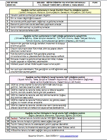 2021-2022 T. C. İnkılap Tarihi 2. Dönem 2. BEP Yazılı