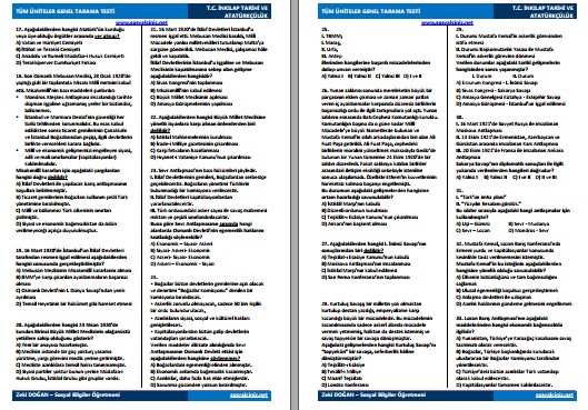 T. C. İnkılap Tarihi Tüm Üniteler Genel Tarama Testi