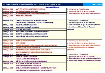 T. C. İnkılap Tarihi LGS Çalışma Programı Son Tur