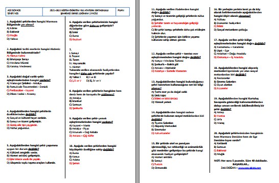 2021-2022 Şehrimiz 2. Dönem 2. Yazılı Sınavı Tüm Sınıflar