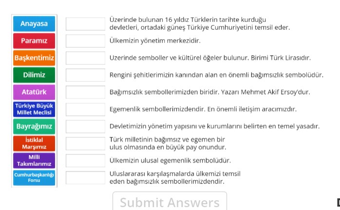 Bağımsızlık Sembollerimiz Online Eşleştirme