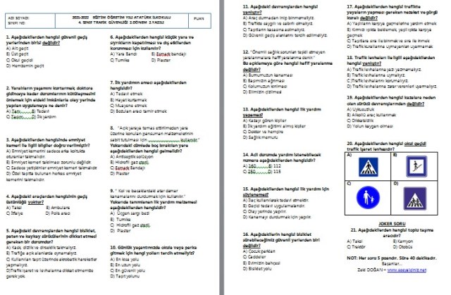 2021-2022 4. Sınıf Trafik Güvenliği 2. Dönem 2. Yazılı