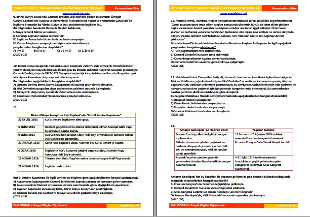 Kazanımlara Göre Düzenlenmiş 2018-2022 LGS T. C. İnkılap Tarihi Soruları