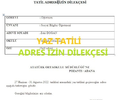 Yaz Tatili İçin Adres Bildirme ve İzin Dilekçesi