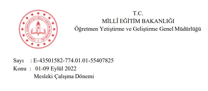 01-09 Eylül 2022 Mesleki Çalışma Programı Duyurusu